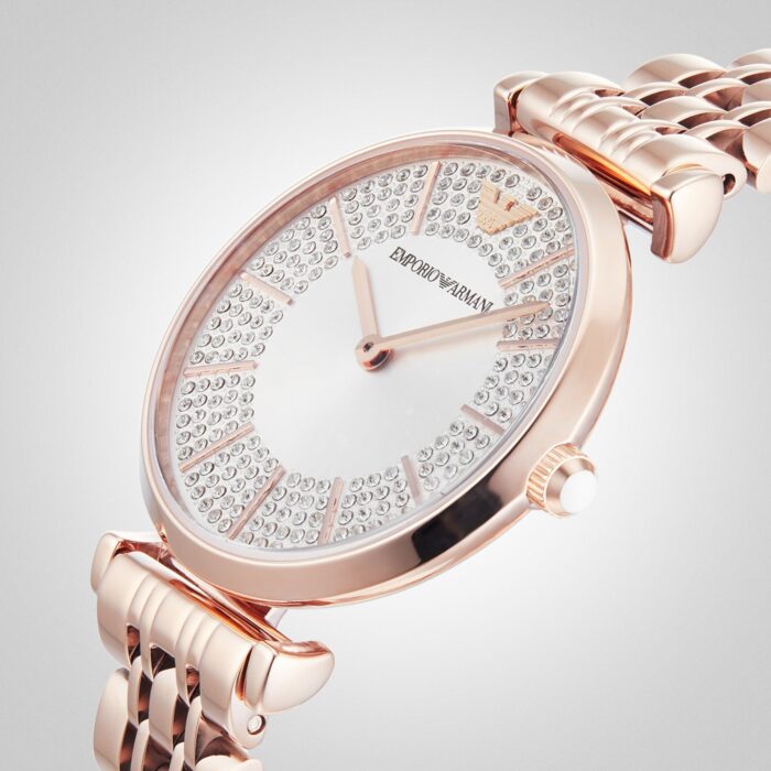 Emporio Armani Gianni T-Bar Crystals Silver Dial Rose Gold Steel Strap Watch For Women - AR11446 - Image 4